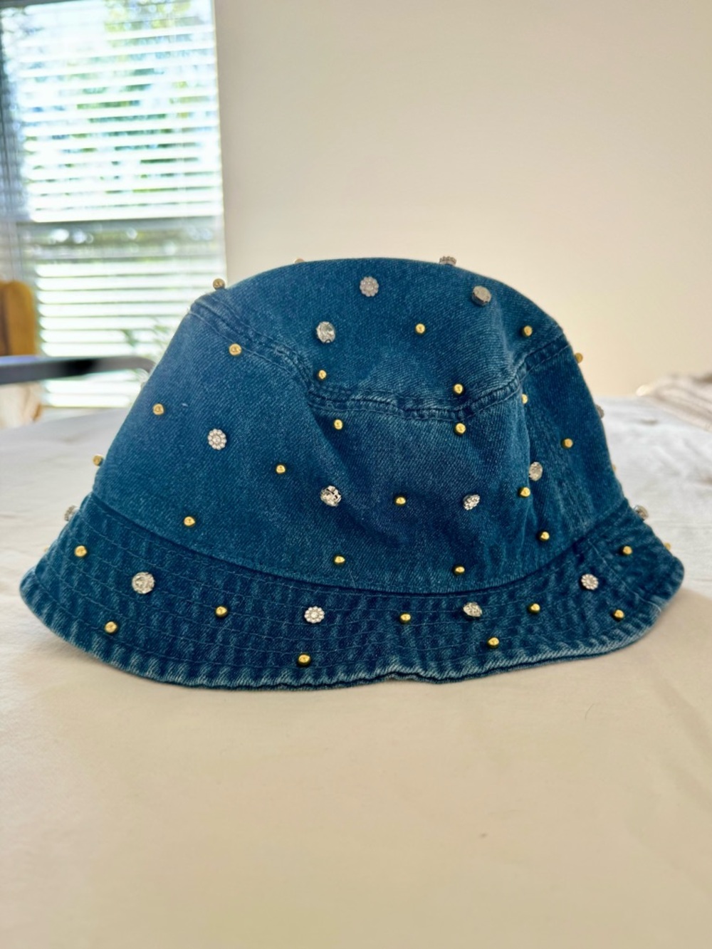 Aerie Blue Denim Bucket Hat with Beautiful Gold & Silver Embellishments NWT